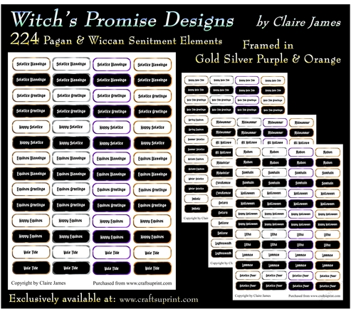 224 Pagan & Wiccan Sentiments/Captions Framed in Metallic Gold, Silver, Purple & Orange