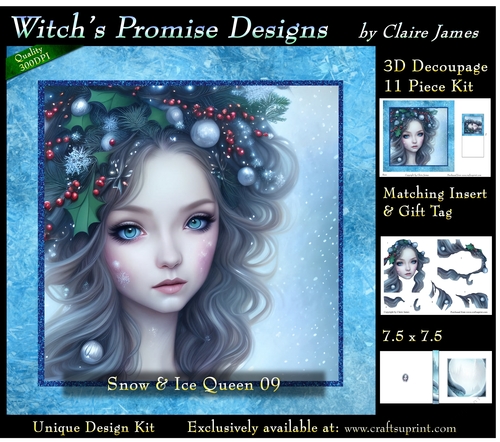 Queen of Winter, Snow & Ice 9 - 3D Decoupage kit + Insert & Gift Tag