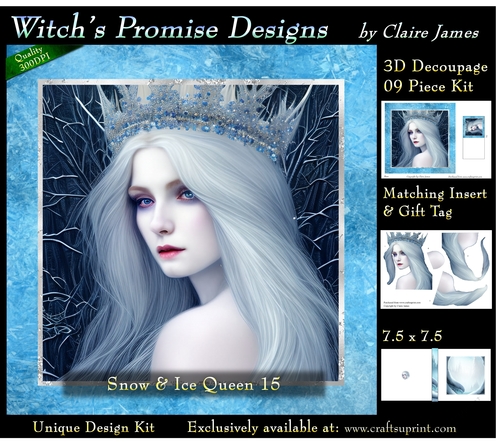 Queen of Winter, Snow & Ice 15 - 3D Decoupage kit + Insert & Gift Tag