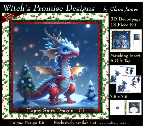 Yule Snow Dragon 01 - 3D Decoupage kit + Insert & Gift Tag
