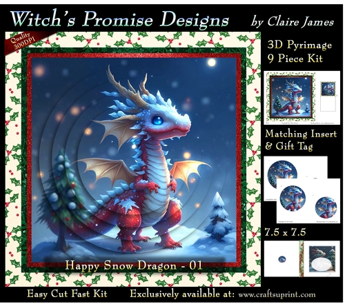 Yule Snow Dragon 01 - 3D Pyramid kit + Insert & Gift Tag
