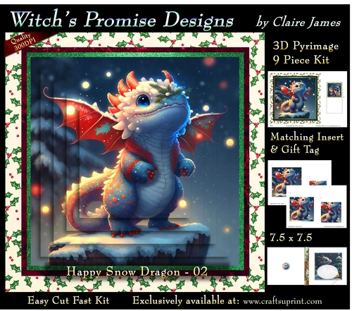Yule Snow Dragon 02 - 3D Pyramid kit + Insert & Gift Tag