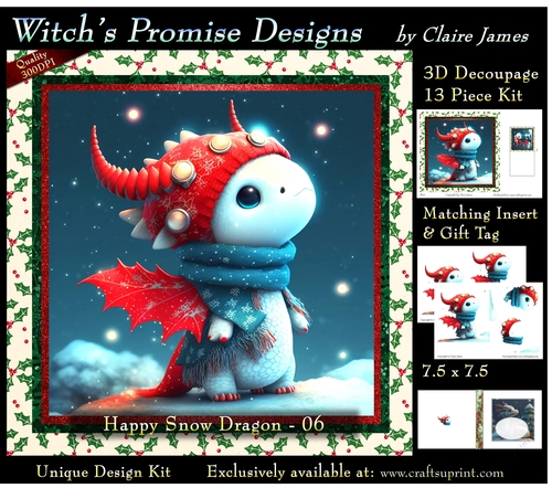 Yule Snow Dragon 06 - 3D Decoupage kit + Insert & Gift Tag
