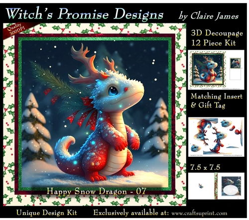 Yule Snow Dragon 07 - 3D Decoupage kit + Insert & Gift Tag