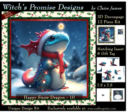 Yule Snow Dragon 10 - 3D Decoupage kit + Insert & Gift Tag