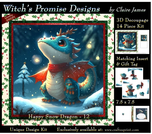 Yule Snow Dragon 12 - 3D Decoupage kit + Insert & Gift Tag