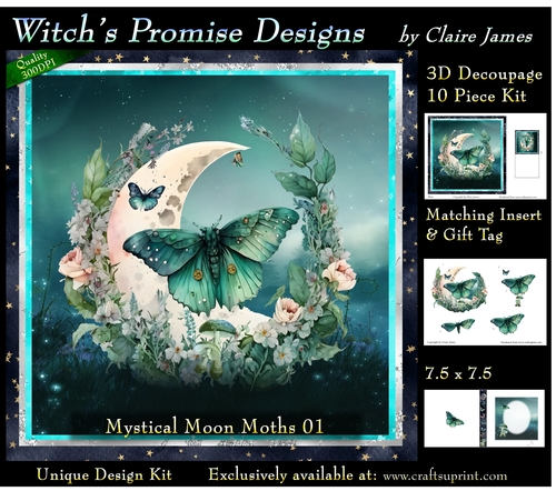 Mystical Moon Moths 1 - 3D Decoupage kit + Insert & Gift Tag