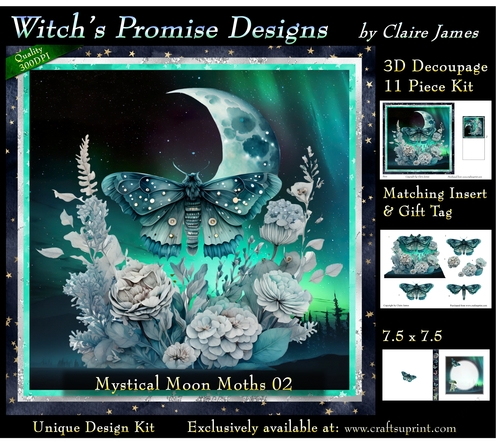Mystical Moon Moths 2 - 3D Decoupage kit + Insert & Gift Tag