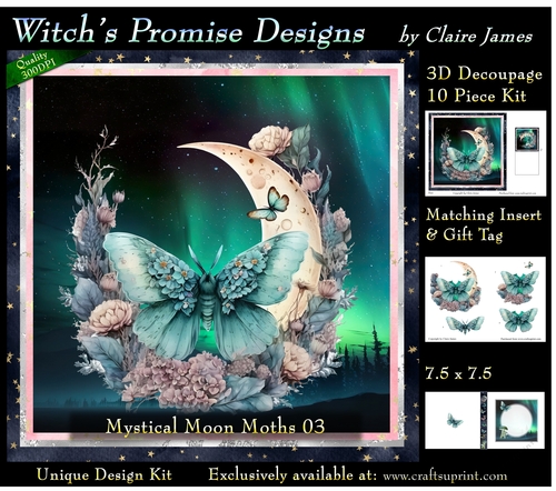 Mystical Moon Moths 3 - 3D Decoupage kit + Insert & Gift Tag