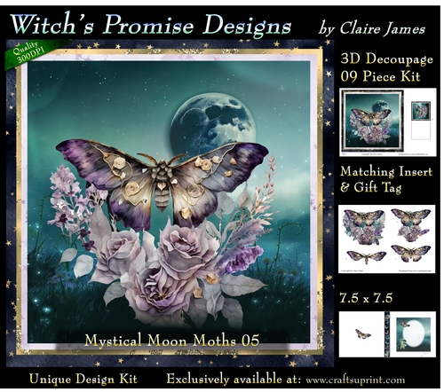 Mystical Moon Moths 5 - 3D Decoupage kit + Insert & Gift Tag