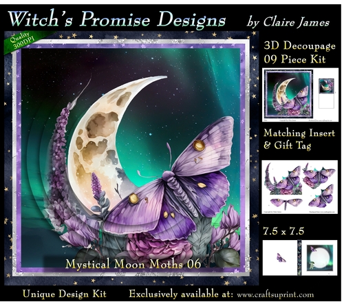 Mystical Moon Moths 6 - 3D Decoupage kit + Insert & Gift Tag