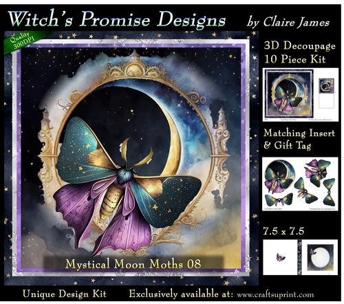 Mystical Moon Moths 8 - 3D Decoupage kit + Insert & Gift Tag
