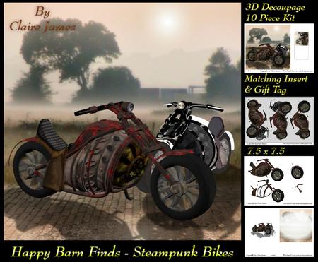 Happy Barn Finds - 3D Decoupage Steampunk Bikes Insert & Tag