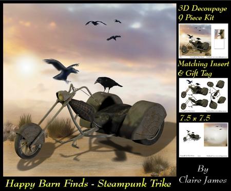Happy Barn Finds - 3D Decoupage Steampunk Trike Insert & Tag