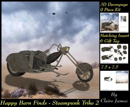 Happy Barn Finds - 3D Decoupage Steampunk Trike 2 Insert+tag
