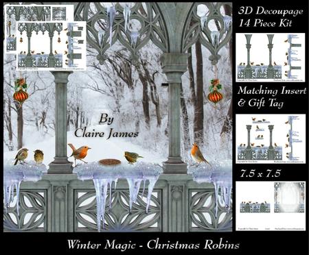 Winter Magic - 3D Christmas Robin Family + Insert & Tag