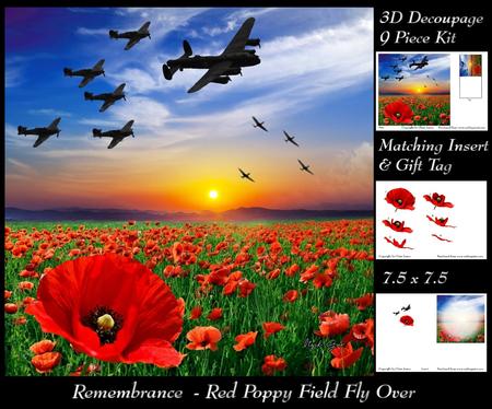Rememberance - Red Poppy Field Fly Over 3D Decoupage Ins+tag