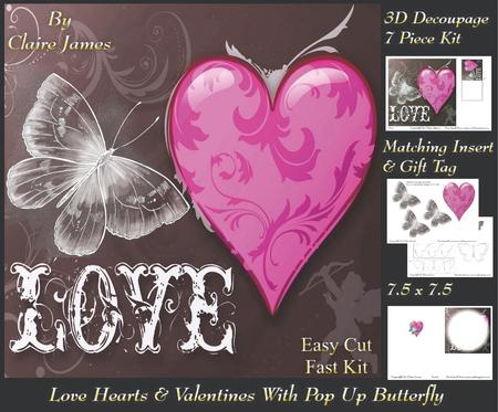 Love Hearts & Valentines 3 - with Pop Up Butterfly + Tag +