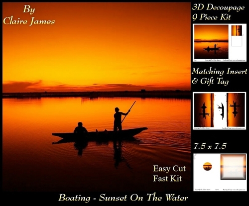 Ships & Boats - Sunset Fishing Boat - 3D Decoupage + Insert & Tag