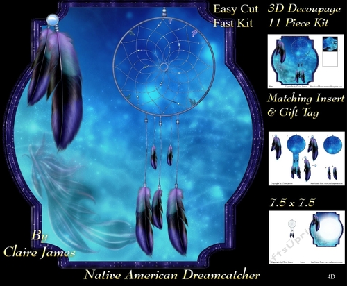 Traditional Native American Dreamcatcher 4 - 3D Decoupage + Matching Insert & Tag