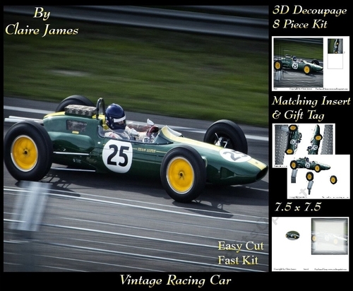 Sport - Vintage Racing Car - 3D Decoupage + Insert & Tag