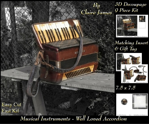 Musical Instruments - Well Loved Accordion - 3D Decoupage + Insert & Tag