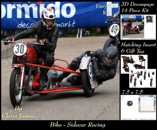 Sport - Bike Sidecar Racing - 3D Decoupage + Insert & Tag