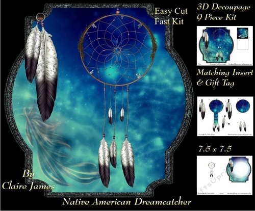 Traditional Native American Dreamcatcher 8 - 3D Decoupage + Matching Insert & Tag