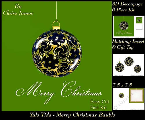 Yule Tide Magic - Merry Christmas Bauble 2 - Decoupage Easy Cut Fasy kit + Insert & Gift Tag