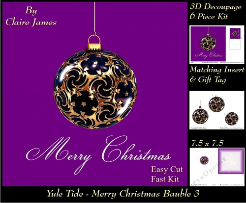 Yule Tide Magic - Merry Christmas Bauble 3 - Decoupage Easy Cut Fasy kit  + Insert & Gift Tag