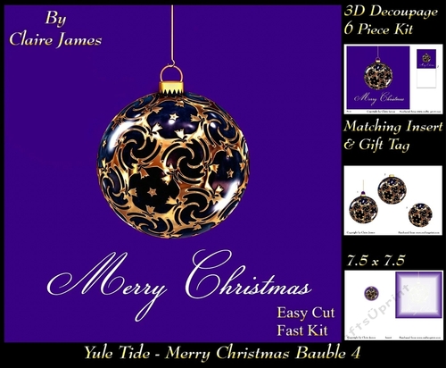 Yule Tide Magic - Merry Christmas Bauble 4 - Decoupage Easy Cut Fasy kit  + Insert & Gift Tag