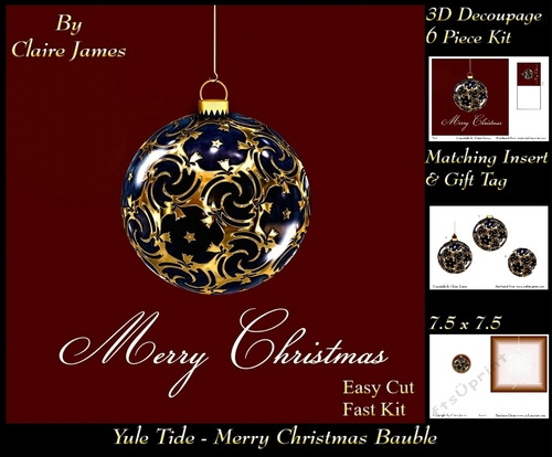 Yule Tide Magic - Merry Christmas Bauble 5 - Decoupage Easy Cut Fasy kit  + Insert & Gift Tag