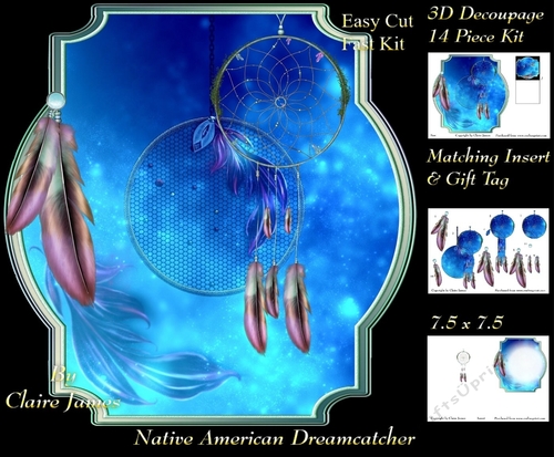 Traditional Native American Dreamcatcher 13 - 3D Decoupage + Matching Insert & Tag