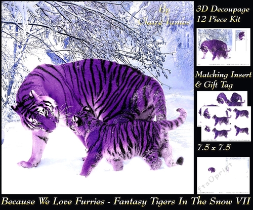Because We Love Furries - Gorgeous Tigers in the Snow 3D Decoupage + insert & Tag