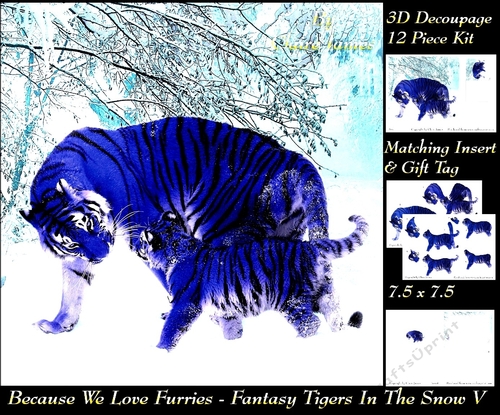 Because We Love Furries - Gorgeous Tigers in the Snow 3D Decoupage + insert & Tag