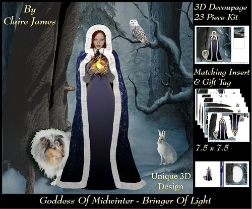Yule Tide Magic -  Goddess of Midwinter The Light Bringer - 3D Decoupage Unique Design kit + Insert & Gift Tag