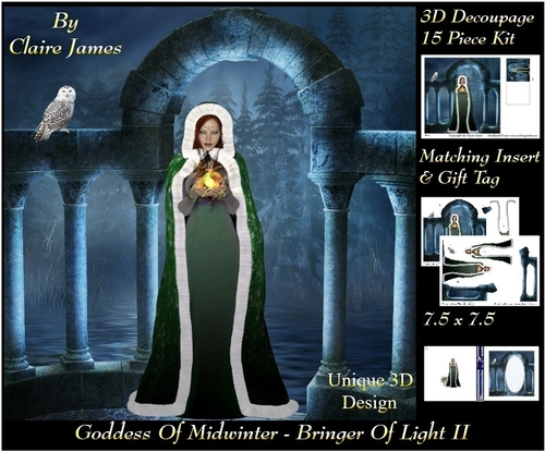 Yule Tide Magic -  Goddess of Midwinter The Light Bringer 2 - 3D Decoupage Unique Design kit + Insert & Gift Tag
