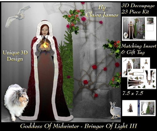 Yule Tide Magic -  Goddess of Midwinter The Light Bringer 3 - 3D Decoupage Unique Design kit + Insert & Gift Tag