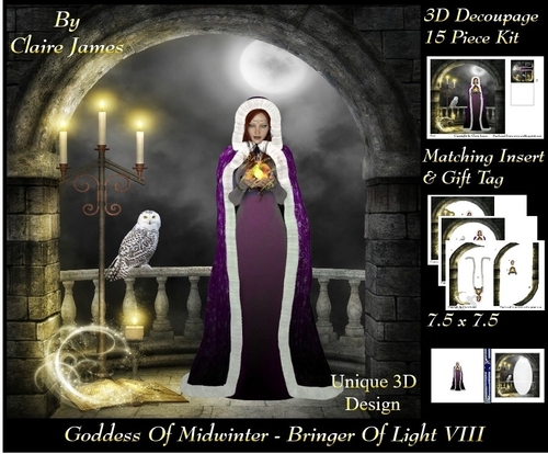 Yule Tide Magic -  Goddess of Midwinter The Light Bringer 8 - 3D Decoupage Unique Design kit + Insert & Gift Tag