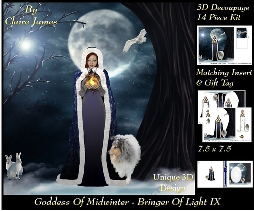 Yule Tide Magic -  Goddess of Midwinter The Light Bringer 9 - 3D Decoupage Unique Design kit + Insert & Gift Tag