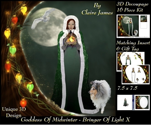Yule Tide Magic -  Goddess of Midwinter The Light Bringer 10 - 3D Decoupage Unique Design kit + Insert & Gift Tag