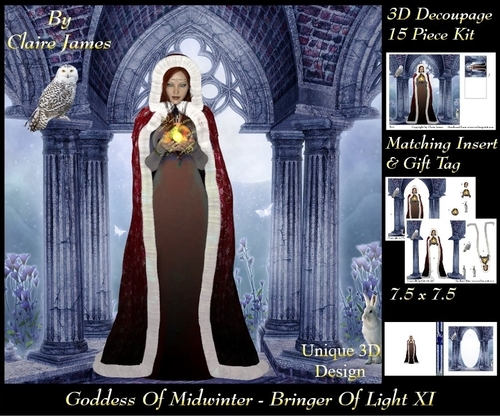 Yule Tide Magic -  Goddess of Midwinter The Light Bringer 11 - 3D Decoupage Unique Design kit + Insert & Gift Tag