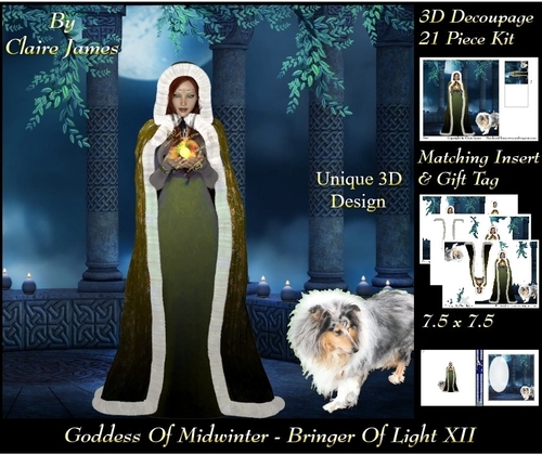 Yule Tide Magic -  Goddess of Midwinter The Light Bringer 12 - 3D Decoupage Unique Design kit + Insert & Gift Tag