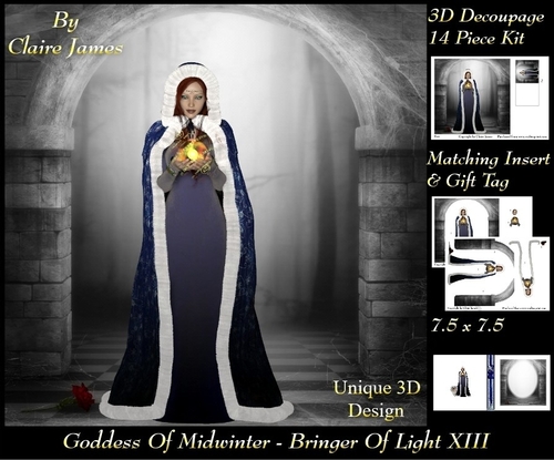 Yule Tide Magic -  Goddess of Midwinter The Light Bringer 13 - 3D Decoupage Unique Design kit + Insert & Gift Tag