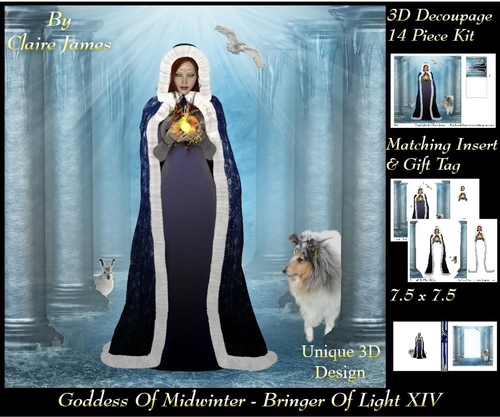 Yule Tide Magic -  Goddess of Midwinter The Light Bringer 14 - 3D Decoupage Unique Design kit + Insert & Gift Tag