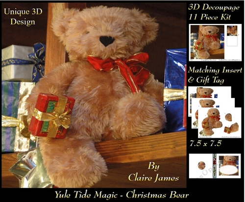 Yule Tide Magic -  Christmas Bear - 3D Decoupage Unique Design kit + Insert & Gift Tag