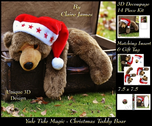 Yule Tide Magic -  Christmas Teddy Bear - 3D Decoupage Unique Design kit + Insert & Gift Tag