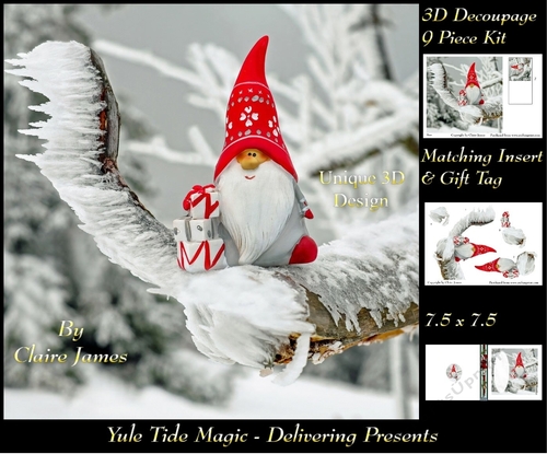 Yule Tide Magic -  Delivering The Present - 3D Decoupage Unique Design kit + Insert & Gift Tag