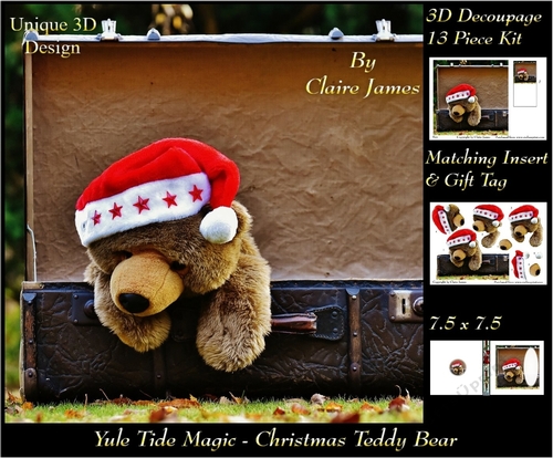 Yule Tide Magic -  Christmas Teddy Bear 2  - 3D Decoupage Unique Design kit + Insert & Gift Tag