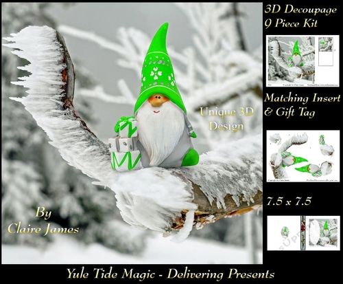 Yule Tide Magic -  Delivering Presents  - 3D Decoupage Unique Design kit + Insert & Gift Tag
